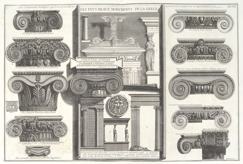 Various Roman Ionic capitals compared with Greek examples from Le Roy from Della Magnificenza e d'Architettura de'Romani 