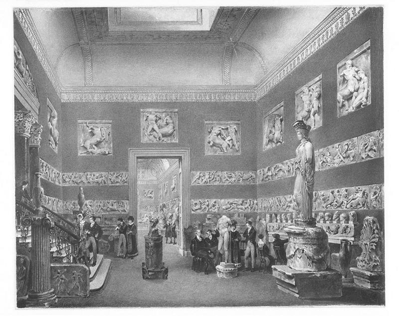 James Stephanoff's A fanciful arrangement of one of the British Museum’s Galleries, with pieces of the Phigaleian frieze, metopes from the Parthenon and other pieces from the Elgin collection (Elgin Marbles)