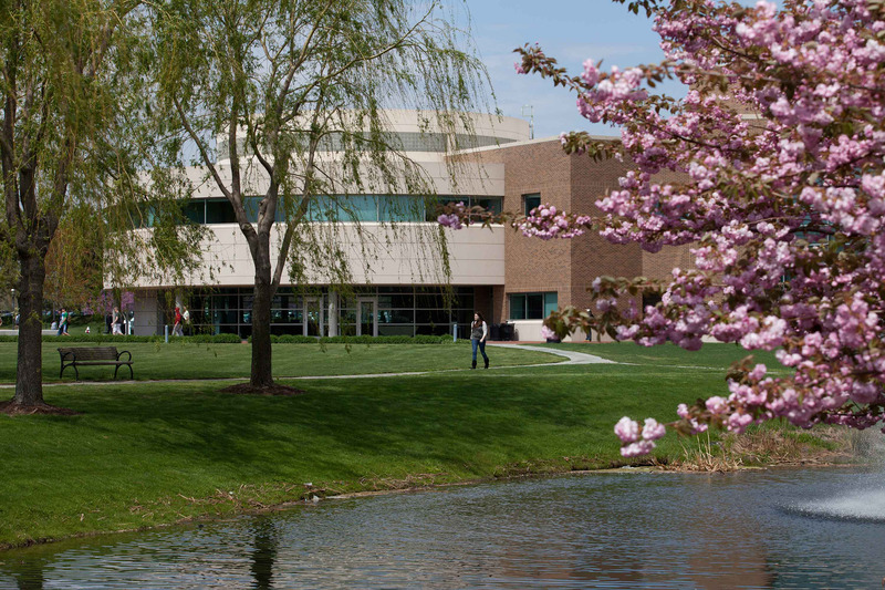 The Bryant University campus, with the Bello Center for Information and Technology.